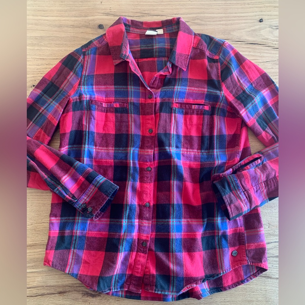 Roxy Zipper Back‎ Plaid Button Down Shirt Blue Red Women’s Small Preloved